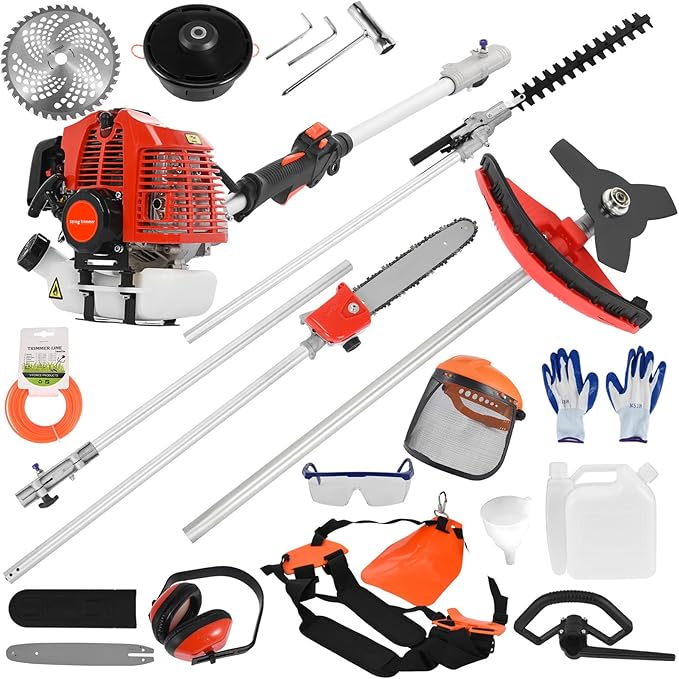 2024 New Gas Weed Wacker, 52cc 2-Stroke 5 in 1 Multi-Functional Lawn Mower Hedge Trimmer Pruners Gas Powered Brush Cutter, Weed Eater for Grass and Bush Shipping from US (Red 2)