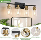 4-Light Bathroom Light Fixtures, Black and Gold Modern Vanity Lights with Clear Glass Shades, Bathroom Wall Lamp for Mirror Living Room Cabinet Bedroom Porch