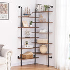 HOMBAZAAR Bookshelf,10-Tier L Shaped, Industrial Double Wide Wall Mount, Modern Bookcase with Metal Frame and Wood, Industrial Corner Pipe Shelf for Living Room and Office, Brown