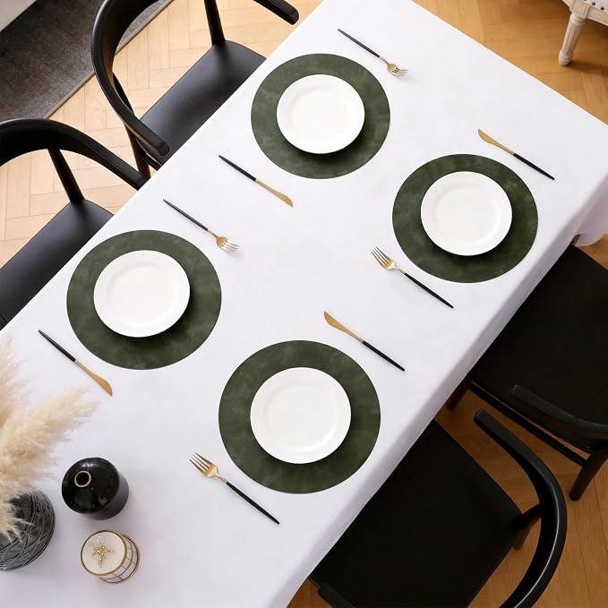 MOSAYT 13 Inch Round Vinyl Placemats Set of 8 - Faux Leather 100% Waterproof Oil-Proof Wipeable PU Place Mats, Heat Resistant Reversible Table Mats for Kitchen, Dining, Outdoor, Olive Green
