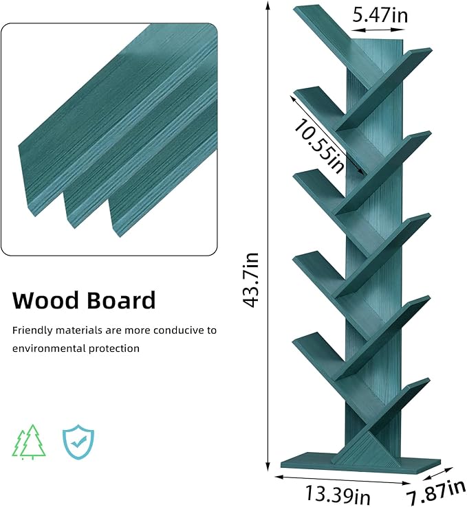 10 Tier Tree Book Shelf, Floor Standing Wood Bookshelf for Narrow Space, Storage Organizer Bookshelves for Books/CDs/Magazine, Bookcase with Shelves for Home Office, Living Room - Blue