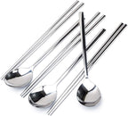 Polished Stainless Steel Spoons and Chopsticks Set, Korean Chopsticks and Spoons tableware with long-hand, Reusable, set of 3-silver