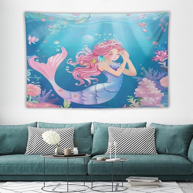 HZOHNAGO Mermaid Girls Tapestry Watercolor Flowers Mermaid Princess Blessing Pattern for Kids Room Decoration Printed Wall Tapestry Wall Hanging for Bedroom Living Room Dorm 60" W x 40" H