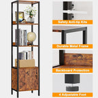 Furologee 5-Tier Bookshelf, Narrow Shelf with Storage Cabinet for Bedroom, Metal and Wood Shelf, Industrial Freestanding Display Tall Shelf for Living Room, Home Office, Bathroom, Rustic Brown