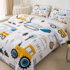 Feelyou Cartoon Car Kids Comforter Set Construction Bedding Set Decor Equipment Trucks Comforter Cartoon Car Excavator Tractor White Yellow Duvet Set Bedroom Quilt Set 2Pcs Twin