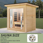 3-Person Far Infrared & Steam Dual-System Sauna Room, Outdoor Canadian Hemlock Wood Sauna, WiFi Control, Red Light Therapy, 11 Heaters& Electric Stove, Left Door, 220-240V