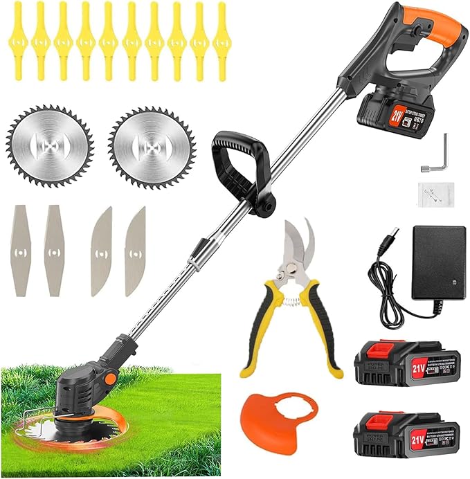 21V String Trimmer Cordless Battery Powered Weed Wacker, 2 X 2.0Ah Battery and a Charger, Brush Cutter Lawn Mower Edger Lawn Tool for Garden and Yard