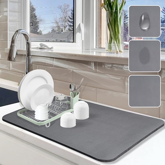 Dish Drying Mat for Kitchen Counter, 16"x24" Pad with Rubber Backed (Grey) | Hide Stain Anti Absorbent for Kitchen Counter, Non-slip Drying Mat for Coffee Machine Dish Rack