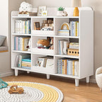 Wooden Cube Bookcase with Legs - 3-Tier Open Shelf Kidsroom Sorted Storage Cabinet Organizer for Books and Toys, 9-Cube Lattice Cute Cubby Bookshelf in Pearl White, 39" W