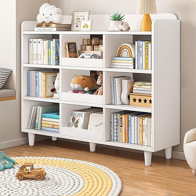 Wooden Cube Bookcase with Legs - 3-Tier Open Shelf Kidsroom Sorted Storage Cabinet Organizer for Books and Toys, 9-Cube Lattice Cute Cubby Bookshelf in Pearl White, 39" W