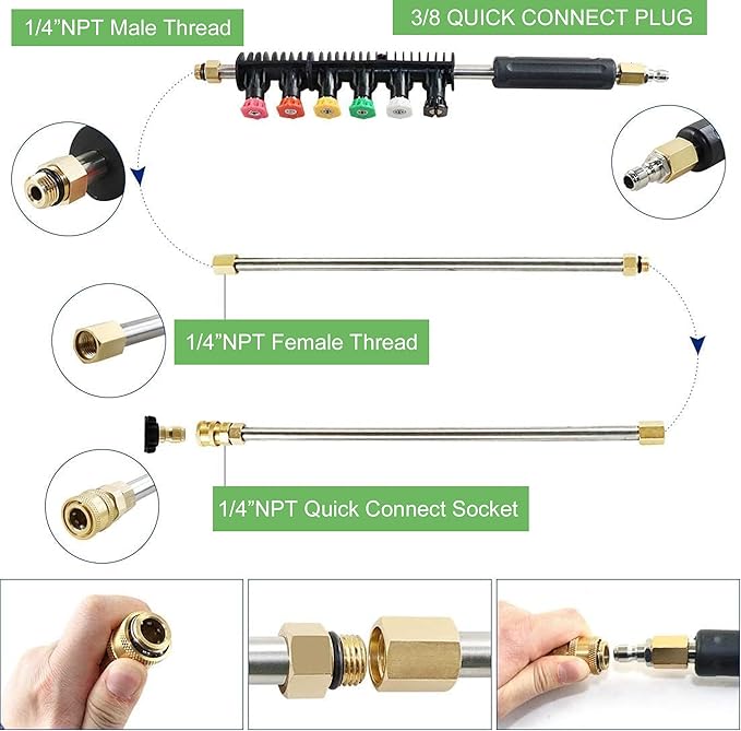 Hourleey 9 Pack Pressure Washer Extension Wand Upgrade Power Washer Lance with 6 Nozzle Tips, 30°,90°,120° Curved Rod, 1/4" Quick Connect, 4000 PSI