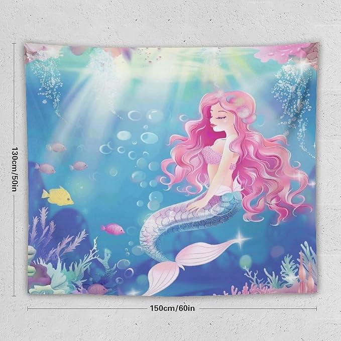 HZOHNAGO Mermaid Girls Tapestry Watercolor Mermaid Princess Pink Hair Pattern for Kids Room Decoration Printed Wall Tapestry Wall Hanging for Bedroom Living Room Dorm 60" W x 50" H