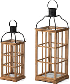 Glitzhome Set of 2 Oversized Farmhouse Wood Lanterns with Metal Top Decorative Hanging Candle Lanterns for Home Décor, Natural (No Glass)