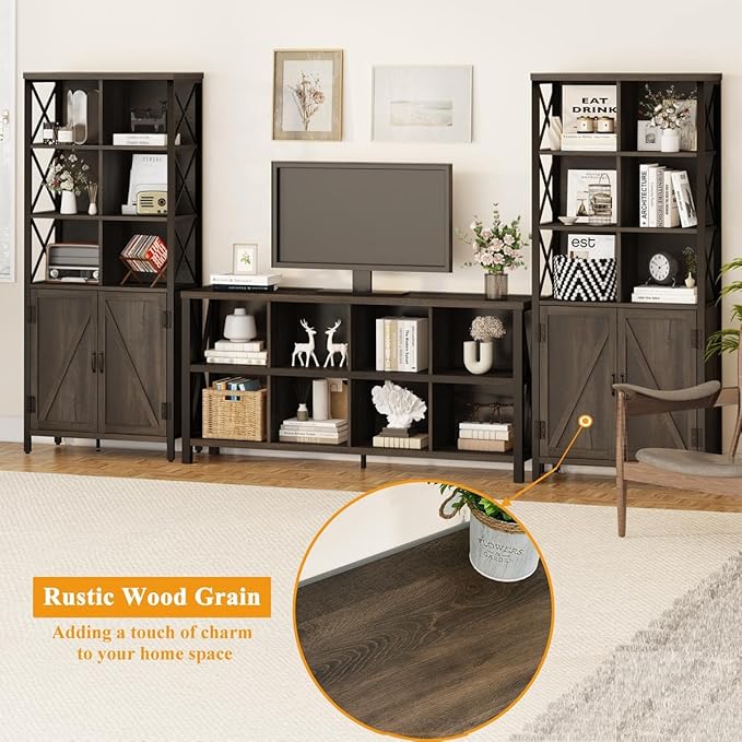 FATORRI Bookshelf with Doors, Rustic Wood Bookcase with Cabinet, Industrial Tall Cubby Book Shelf and Cube Organizer Shelf for Living Room (Walnut Brown)