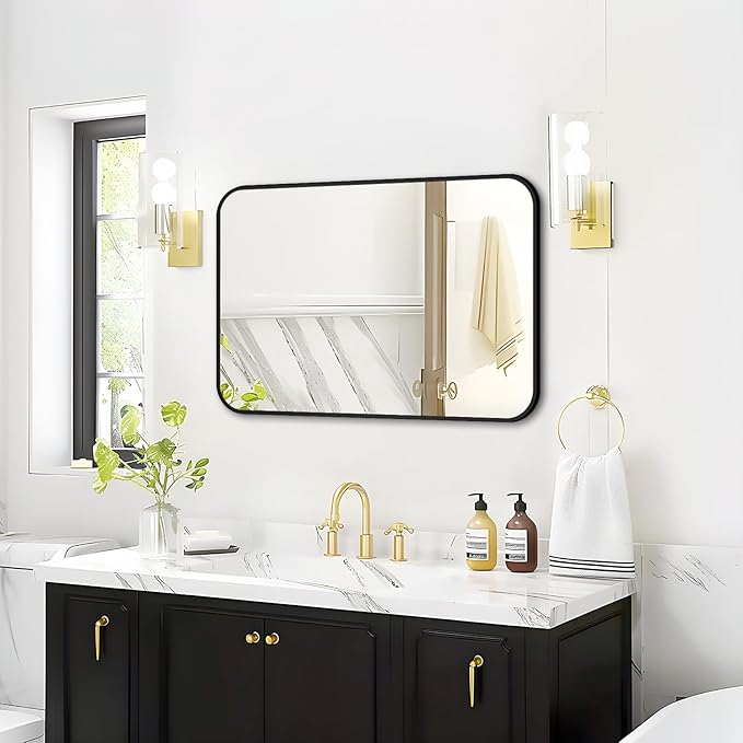 Fabuday Small Black Bathrrom Mirror for Over Sink - 16x24 Framed Rectangle Wall Mirror, Matte Metal Rectangular Vanity Mirrors for Bedroom, Living Room, Entryway, Hallway, Horizontally/Vertically