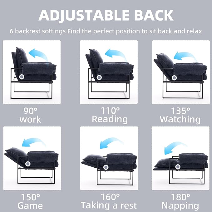 YISHENG Accent Chair with 6-Angle Adjustable Backrest, Chenille Fabric Living Room Chair Upholstered Lounge Chair, Modern Chair Cozy Reclining Chair for Reading Room, Set of 2 Dark Blue