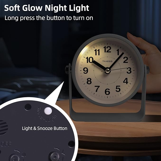Analog Alarm Clock, Silent Non-Ticking Quartz Movement, Battery-Operated with Snooze & On-Demand Light, Easy to Set Gentle Wake Bedside Desk Clock, Ideal for Home, Travel, Office (White)