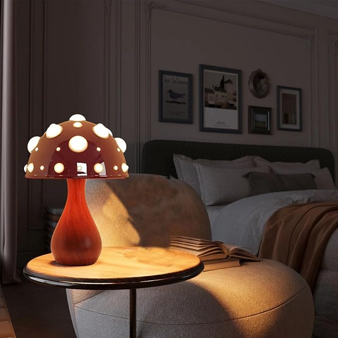 Table Lamp Push-Button Control 3 Colors Dimmable Mushroom Light LED Bedside Lamp Bedroom Decoration for Gifts(Wood), AK3L121