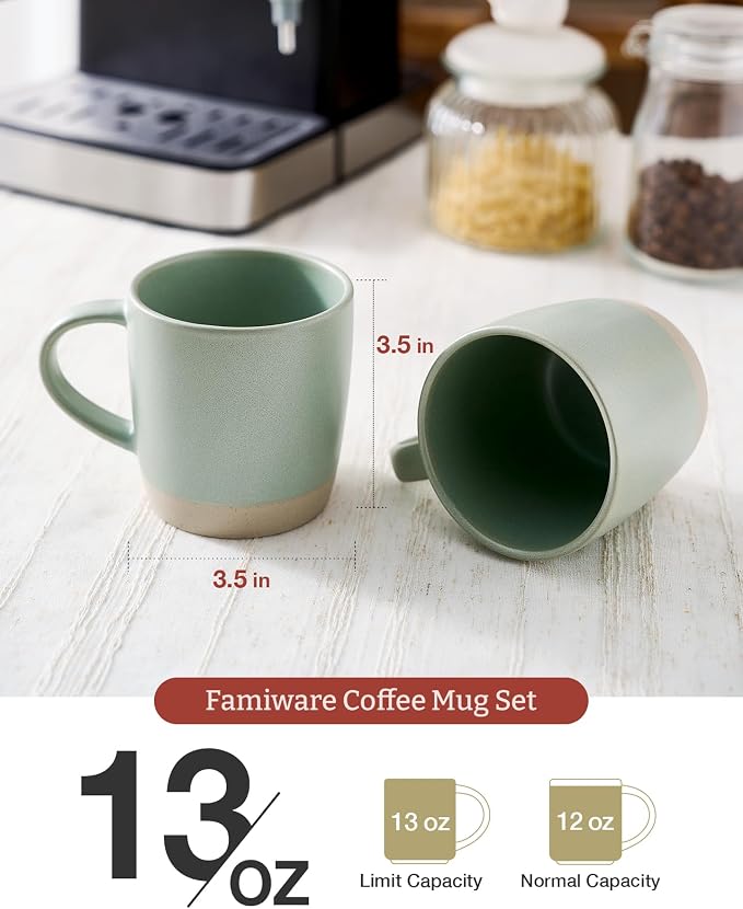 famiware Coffee Mugs Set of 4, Milkyway 13 oz Mug Set, Ceramic Cup Set with Handle for Coffee, Tea, Cocoa, Milk, Light Green