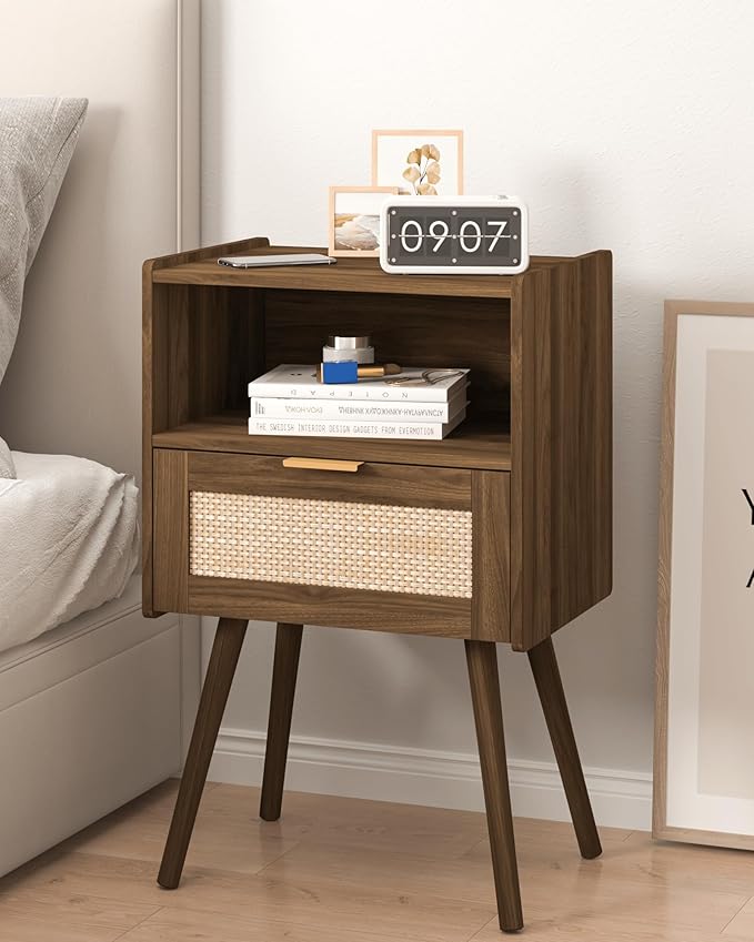 Rattan Nightstand,Modern Bedside Table with Storage Drawer and Open Wood Shelf, for Living Room, Bedroom and Small Spaces, Accent Night Stand with Solid Wood Legs, Easy Assembly,Walnut Brown