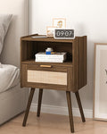 Rattan Nightstand,Modern Bedside Table with Storage Drawer and Open Wood Shelf, for Living Room, Bedroom and Small Spaces, Accent Night Stand with Solid Wood Legs, Easy Assembly,Walnut Brown