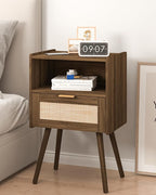 Rattan Nightstand,Modern Bedside Table with Storage Drawer and Open Wood Shelf, for Living Room, Bedroom and Small Spaces, Accent Night Stand with Solid Wood Legs, Easy Assembly,Walnut Brown
