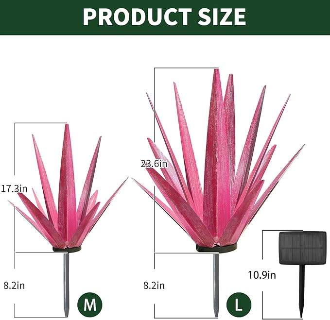 Large Tequila Rustic Sculpture, Rustic Metal Agave Plants for Outdoor Patio Yard, Home Decor Hand Painted Metal Agave Garden Yard Statue, Outdoor Lawn Ornaments (Rose Red - L (W/Solar Light))