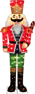 5FT Lighted Nutcracker with Candy Cane for Christmas Decoration, 3D Pre-Lit Iridescent Soldier Xmas Decor with 100 Warm White Lights, Glittered Standing Holiday Display for Outdoor, Indoor