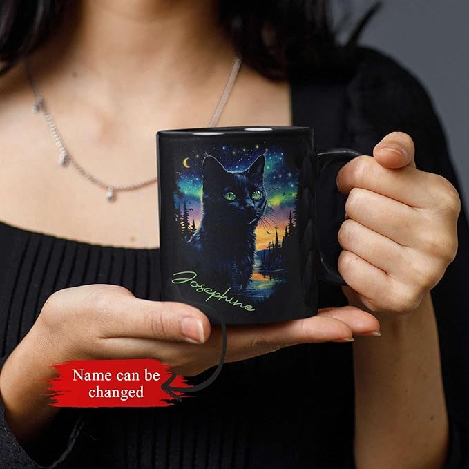 Custom Cute Cat Coffee Mug With Northern Lights, Customized Name Ceramic Mug 11oz 15oz, Beautiful Nature Scene Mug, Personalized Animal Lovers Black Cup, Gift For Pet Enthusiasts
