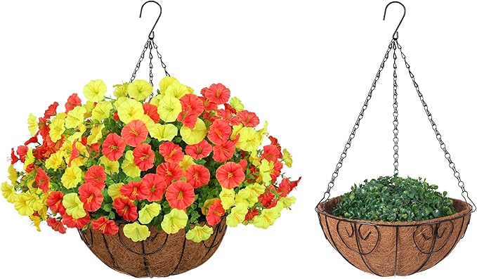 Artificial Fall Flowers Fake Hanging Plants Flowers Basket for Outdoors Autumn Decoration, Silk Morning Glory with Eucalyptus Look Real UV Resistant Faux Flowers for Outside Porch Patio Balcony, Mix