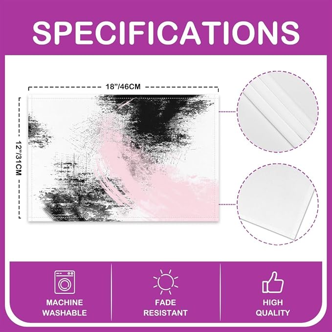 Feelyou Pink White Black Placemats Set of 4 18"x12" Kids Abstract Placemat for Kitchen Dining Table Decor Indoor Outdoor for Boys Geometric Table Place Mats, Modern Art Luxury