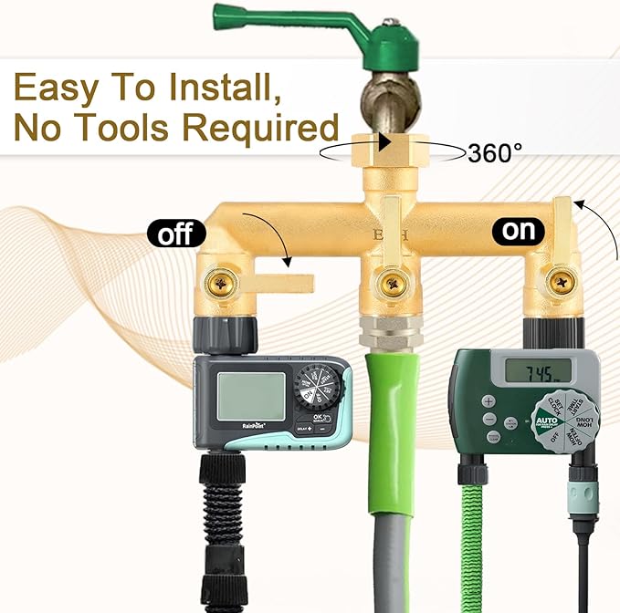 EBH Brass Garden Hose Splitter, 3 Way High Flow Outdoor Faucet Splitter,Full Flow 3-Way Brass Heavy Duty Hose Splitter With 3 Long Metal Handle and Individual On/Off Valve。
