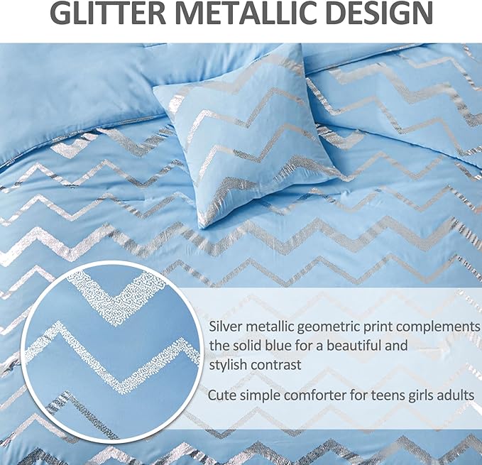 King Comforter Set Blue/Silver Metallic Print Glitter Bedding Set Cute Shinny Bed Sets for Teen Girls Kids Women, 4 Piece (2 Pillowcases, 1 Decorative Pillow Sham)