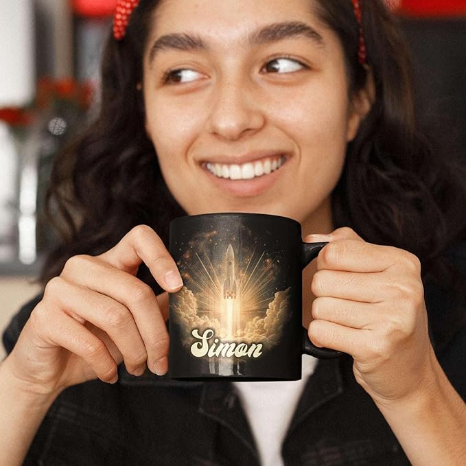 Sci-Fi Inspired Ceramic Mug for Men, Custom Name Coffee Mug 11oz or 15oz, Personalized Rocket Enthusiast Black Cup, Custom Vibrant Rocket Coffee Cup, Gifts for Astronaut Fans