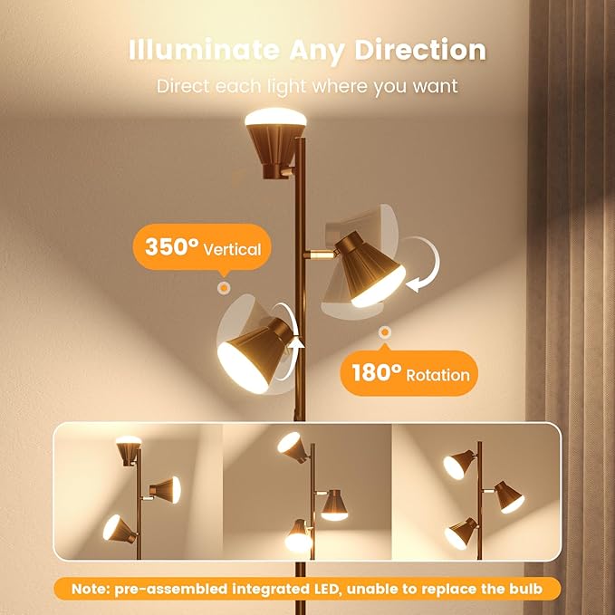 36W LED Tree Floor Lamp, Dimmable Tall Standing Lamp with Remote & Touch Control, 4 Color Temperatures Bright Floor Lamp, 3 Rotatable Light Modern Floor Lamps (Brown)