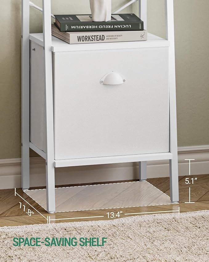 Narrow Bookshelf Bookcase with Drawer, Ladder Shelf with 2 Hooks, Bookshelves Storage Organizer, Freestanding Display Standing for Home Office, Bedroom, 6 Tier White BC19613W