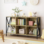 Horizontal Bookshelf Bookcase,6 Cube Storage Organizer with Open Shelf,47 Inch Industrial Low Wide Wood and Metal Cubby shelf,Long shelving unit for Home Office Living Room(Rustic Oak,6 Cube)