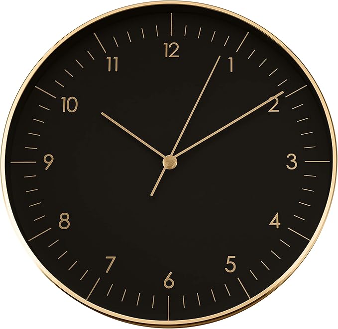 LUUK LIFESTYLE Modern Wall Clock with Silent Quartz Movement, Stylish & Functional, Decoration for Bedroom, 12 inch, in Black & Gold