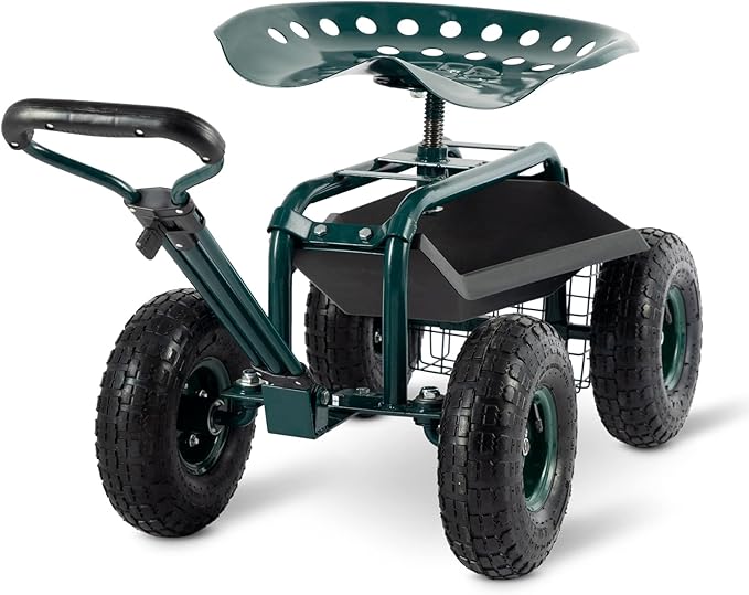 Garden Cart with Seat Outdoor Gardening Carts Heavy Duty Rolling Garden Stools Scooter with Handle and Storage for Seniors, Green