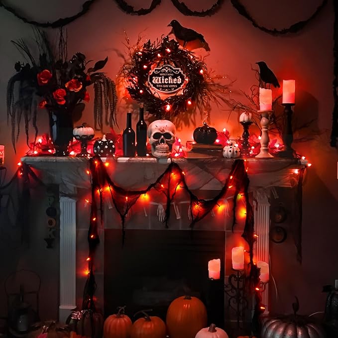Halloween Horror Atmosphere Lights, Orange&Purple LED String Lights with 9.9FT Creepy Black Gauze, Battery Powered with Timer & 8 Flashing Modes (Red)