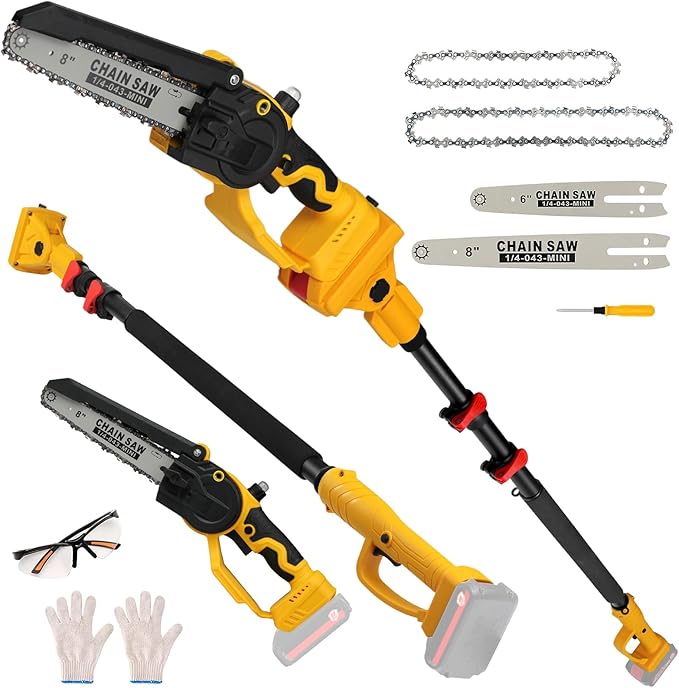 2-in-1 Cordless 8" Pole Saw & Mini Chainsaw Compatible with DeWALT 20V MAX Battery, Brushless 8 Inch & 6 Inch Telescoping Pole Chainsaw Combo Kit 15 Ft Max Reach for Tree Branches Pruning(Tool Only)