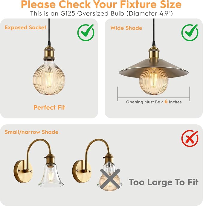 G125 LED Filament Bulb,4W Dimmable E26,2200K Amber Glass,4 Pack | Decorative Oversized Edison Bulb, Squirrel Cage Filament, Dim, For Indoor & Outdoor Cafe, Hotel, Kitchen & Dining Room Decor