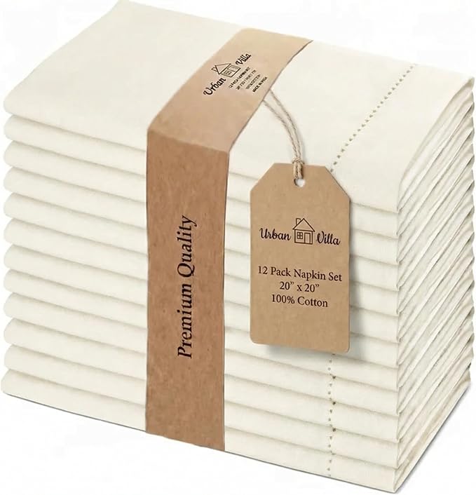 Urban Villa Hemstitch Cloth Dinner Napkins Cotton 20”x20” (Set of 12)-Ivory