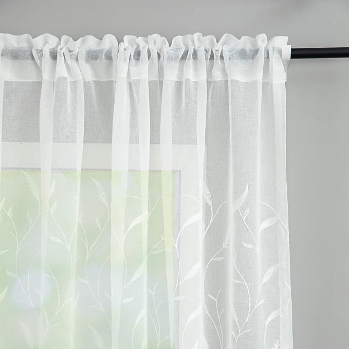 White Rod Pocket Sheer Curtains 96 inches Length Embroidered Window Curtain Sheer Voile Panels for Living Room & Bedroom, 60x96, Two Panels