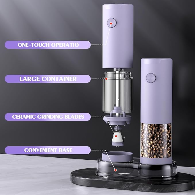 Salt and Pepper Grinder Set Gifts for Women Automatic Battery Purple Pepper Mill Shakers Kitchen Accessories Cooking for Mom, Adjustable Coarseness Salt Pepper Shakers White Elephant Gift