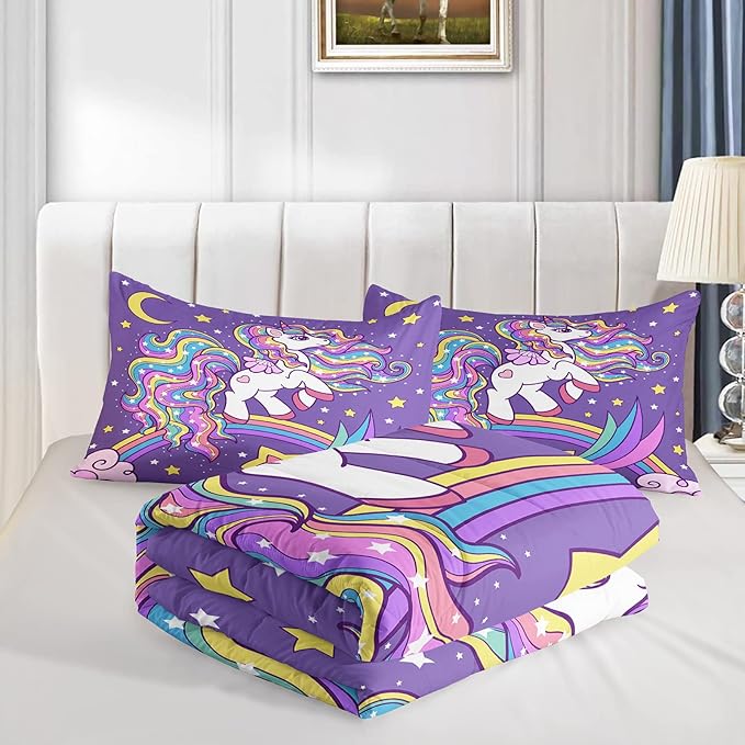 Unicorn Comforter Full Size,Rainbow Unicorn Comforter Set for Kids Teens Girls,3Pcs Bedding Set Printed Comforter with 2 Pillowcases,Down Alternative,Soft and Lightweight(Purple，Full Size)