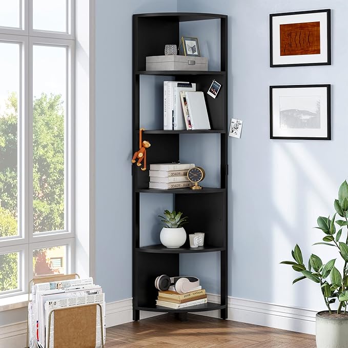 YITAHOME 6-Tier Corner Shelf, 68.8" Tall Modern Free Standing Zigzag Corner Bookshelf, 6 Shelf Display Corner Bookcase Open Small Book Shelves for Living Room, Home Office, Small Space, Black