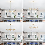 Modern Linear Sputnik Chandelier, Gold Pendant Light Fixture with 7 Amber Glass Globes for Dining Room Light Fixture, Kitchen Island Lighting, Living Room Chandelier, Bedroom, Foyer