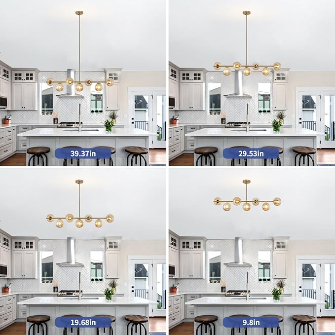 Modern Linear Sputnik Chandelier, Gold Pendant Light Fixture with 7 Amber Glass Globes for Dining Room Light Fixture, Kitchen Island Lighting, Living Room Chandelier, Bedroom, Foyer