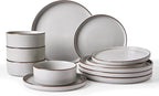 Famiware Nebula Ridge Stoneware Dinnerware Sets, Plates and Bowls Sets for 4, 12 Pieces Dishes Set, Microwave and Dishwasher Safe Kitchen Plates, Light Gray